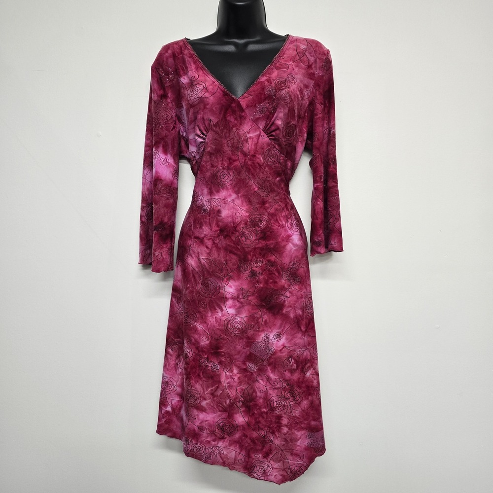 Rag Rose Floral Bell Sleeve Dress Womens XL Magenta Glitter Y2K Whimsigoth Boho